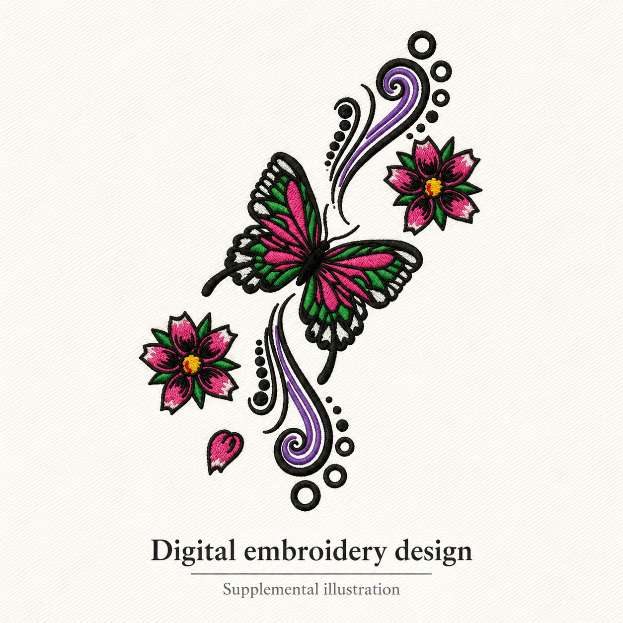 Illustrative preview of Butterfly and Floral Scroll Embroidery Design.