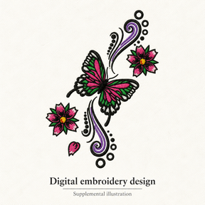 Illustrative preview of Butterfly and Floral Scroll Embroidery Design.