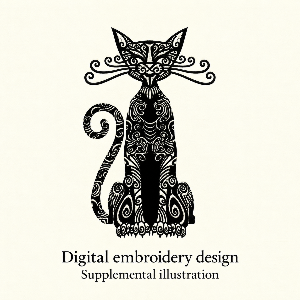 Illustrative preview of Ornamental Black Cat Embroidery Design.