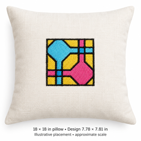 Illustrative placement of Pink and Blue Geometric Square Embroidery Design, design 7.78 × 7.81 in on an 18 × 18 in pillow; approximate scale.