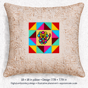 Illustrative placement of Colorful Lion Quilt Block Embroidery Design, design 7.78 × 7.79 in on an 18 × 18 in pillow; approximate scale.