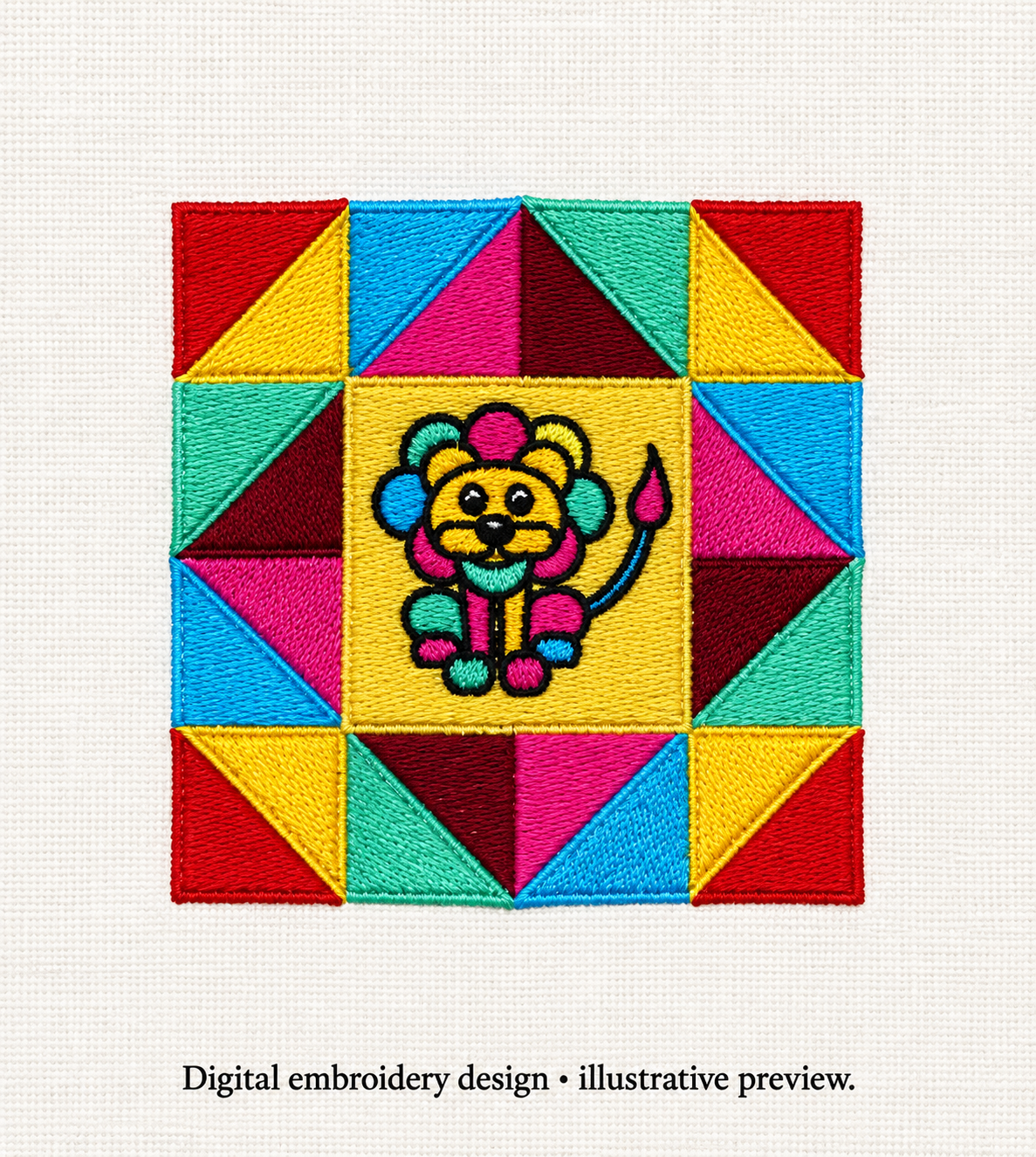 Illustrative preview of Colorful Lion Quilt Block Embroidery Design.