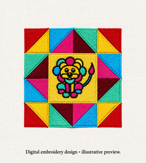 Illustrative preview of Colorful Lion Quilt Block Embroidery Design.