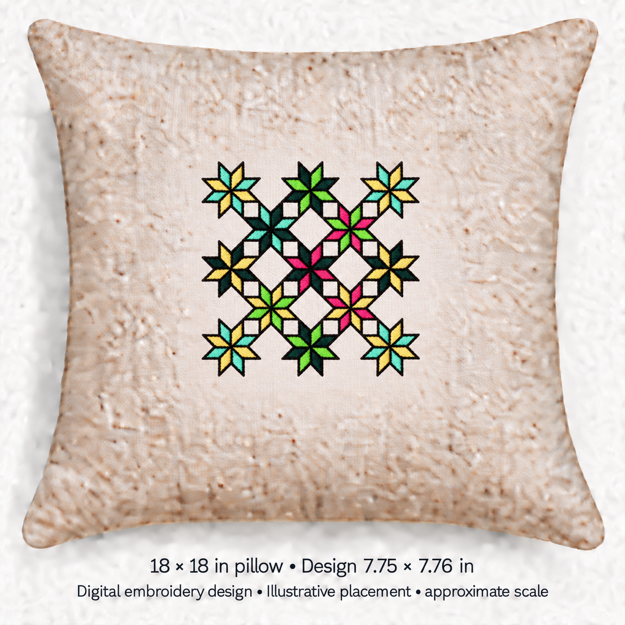 Illustrative placement of Geometric Flower Star Grid Embroidery Design, design 7.75 × 7.76 in on an 18 × 18 in pillow; approximate scale.