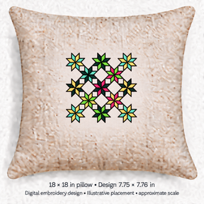 Illustrative placement of Geometric Flower Star Grid Embroidery Design, design 7.75 × 7.76 in on an 18 × 18 in pillow; approximate scale.
