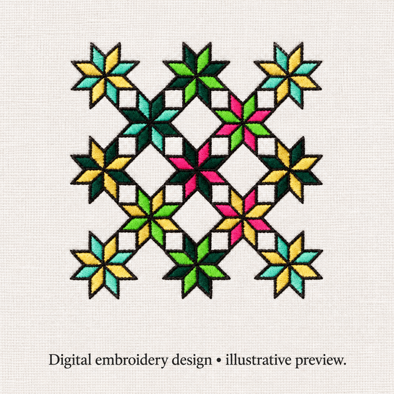 Illustrative preview of Geometric Flower Star Grid Embroidery Design.