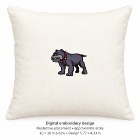 Illustrative placement of Bulldog with Spiked Collar Embroidery Design, design 5.77 × 4.33 in on an 18 × 18 in pillow; approximate scale.