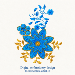 Illustrative preview of Blue and Gold Flowers Embroidery Design.