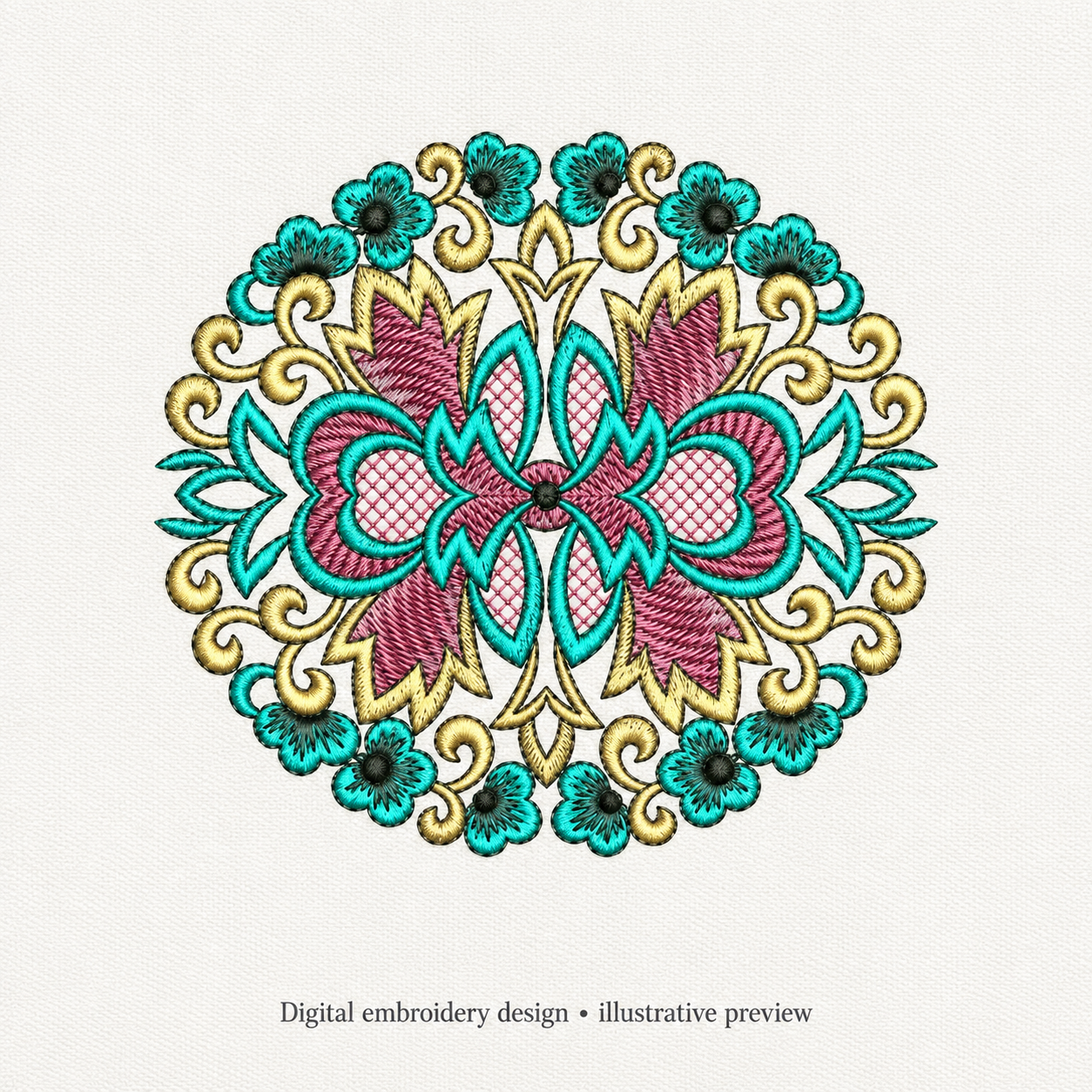 Illustrative preview of Teal and Pink Floral Medallion Embroidery Design.