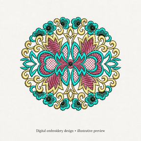 Illustrative preview of Teal and Pink Floral Medallion Embroidery Design.