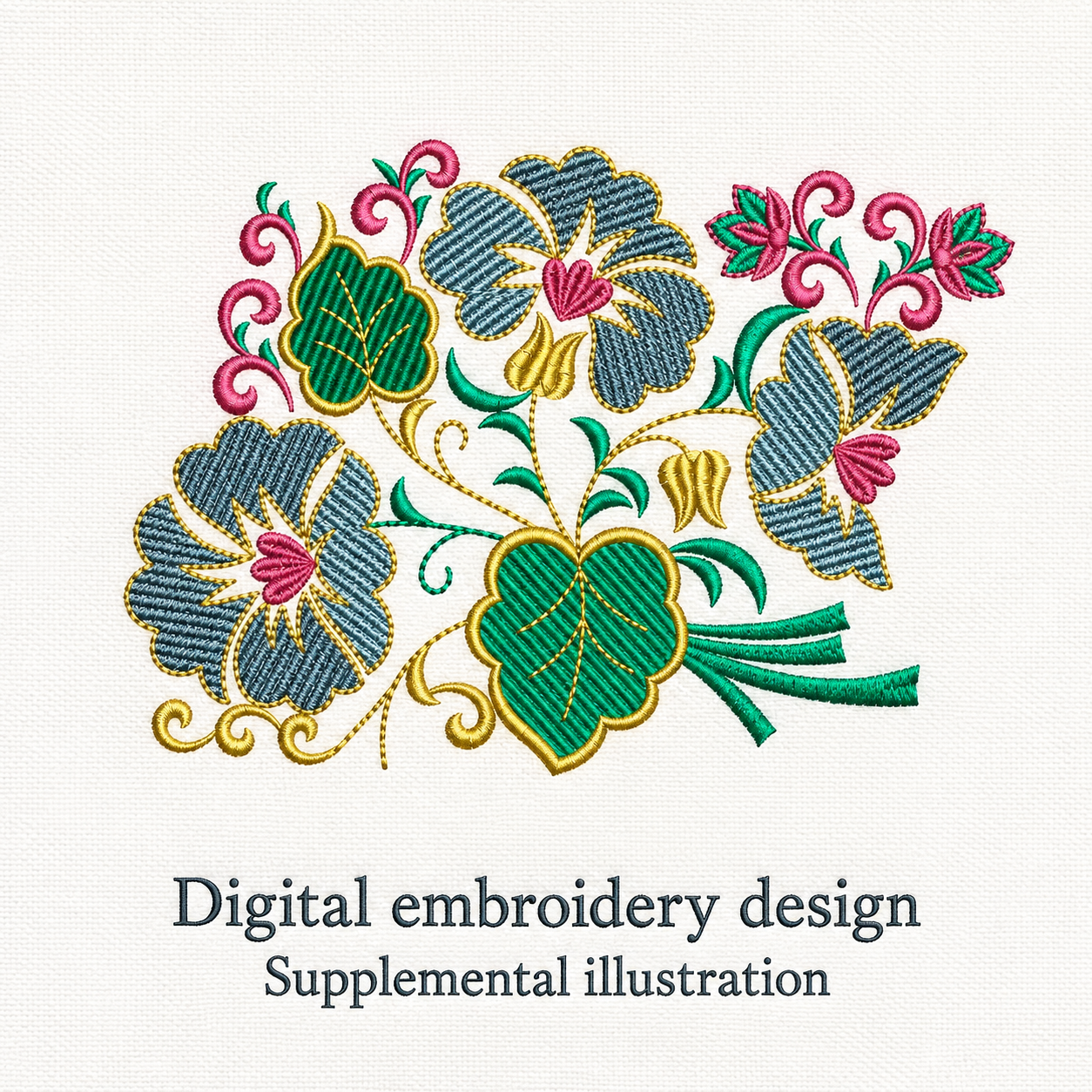 Illustrative preview of Floral Bouquet with Green Leaves Embroidery Design.