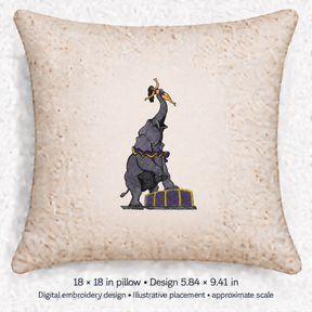 Illustrative placement of Circus Elephant and Performer Embroidery Design, design 5.84 × 9.41 in on an 18 × 18 in pillow; approximate scale.