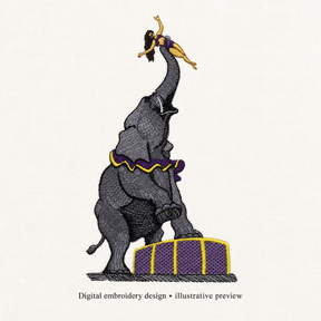 Illustrative preview of Circus Elephant and Performer Embroidery Design.