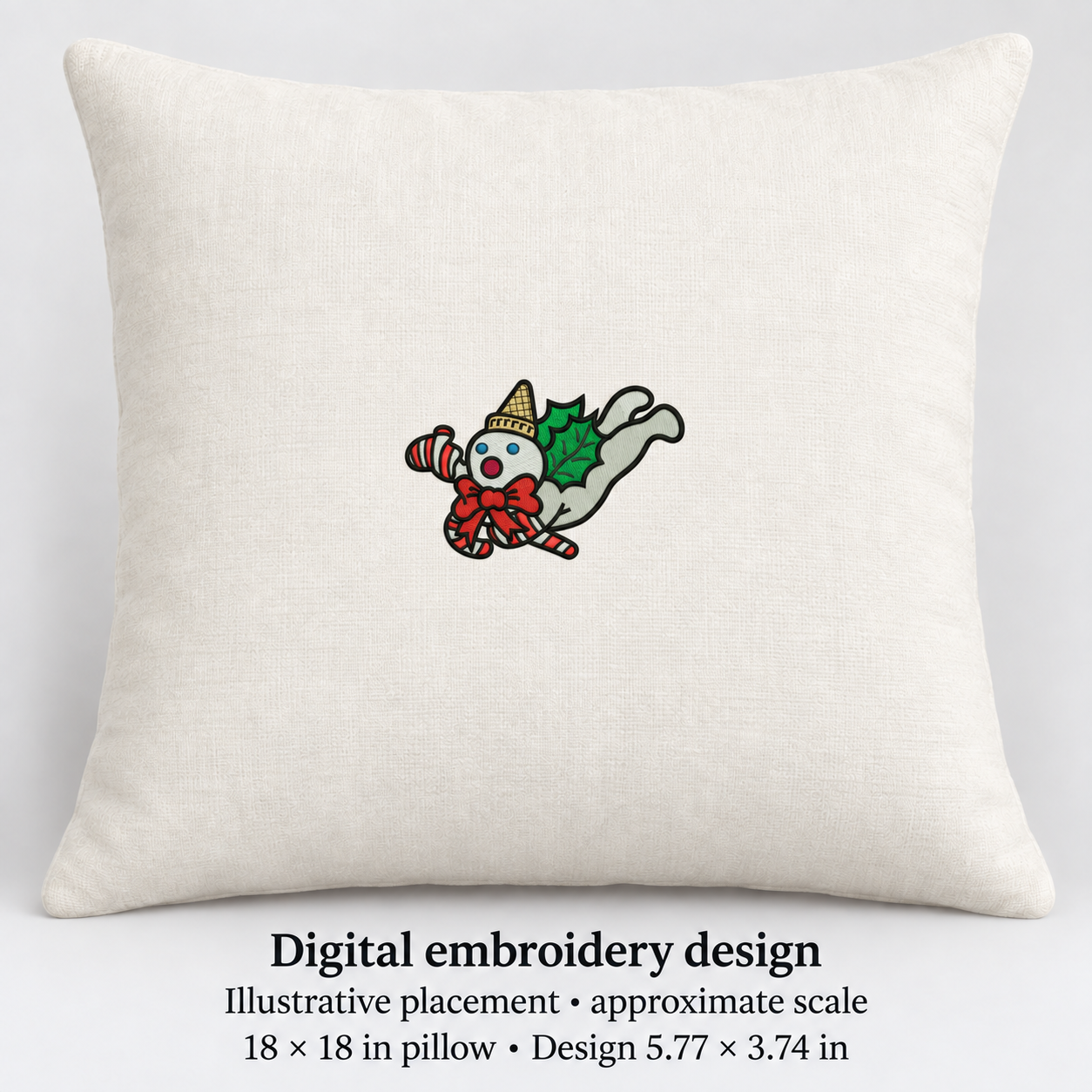 Illustrative placement of Holiday Character with Candy Cane Embroidery Design, design 5.77 × 3.74 in on an 18 × 18 in pillow; approximate scale.