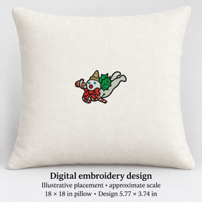 Illustrative placement of Holiday Character with Candy Cane Embroidery Design, design 5.77 × 3.74 in on an 18 × 18 in pillow; approximate scale.
