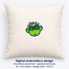 Illustrative placement of Dizzy Monkey Face Embroidery Design, design 5.80 × 5.02 in on an 18 × 18 in pillow; approximate scale.