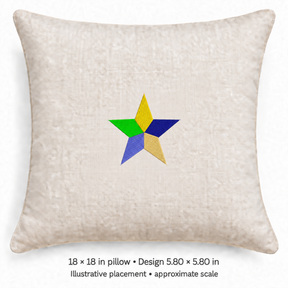 Illustrative placement of Five-Color Star Embroidery Design, design 5.80 × 5.80 in on an 18 × 18 in pillow; approximate scale.
