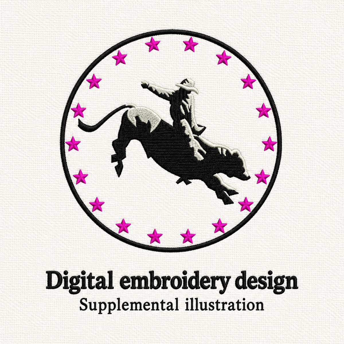 Illustrative preview of Bull Rider and Stars Embroidery Design.