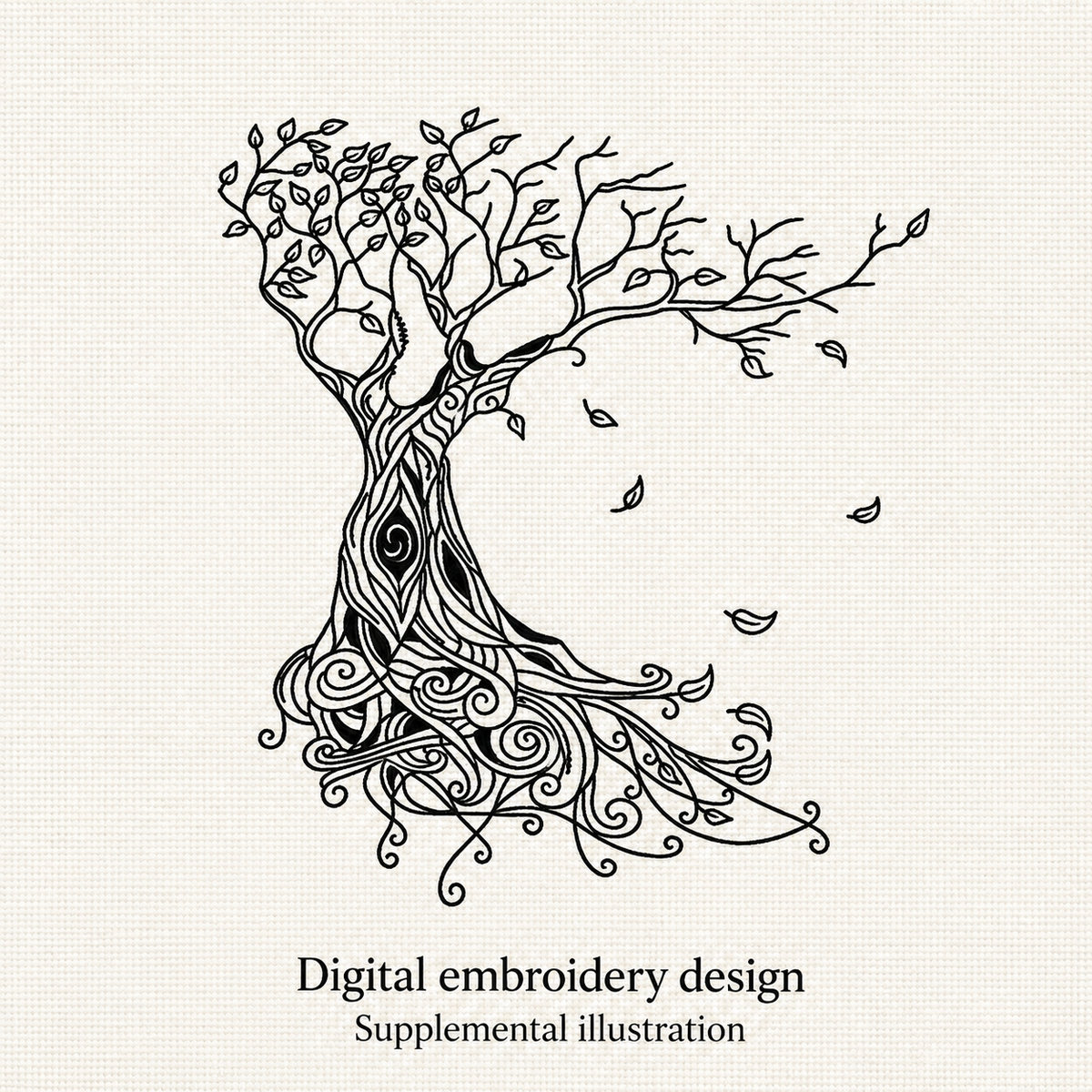 Illustrative preview of Swirled Tree Line Art Embroidery Design.