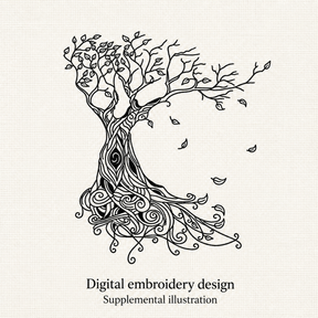 Illustrative preview of Swirled Tree Line Art Embroidery Design.