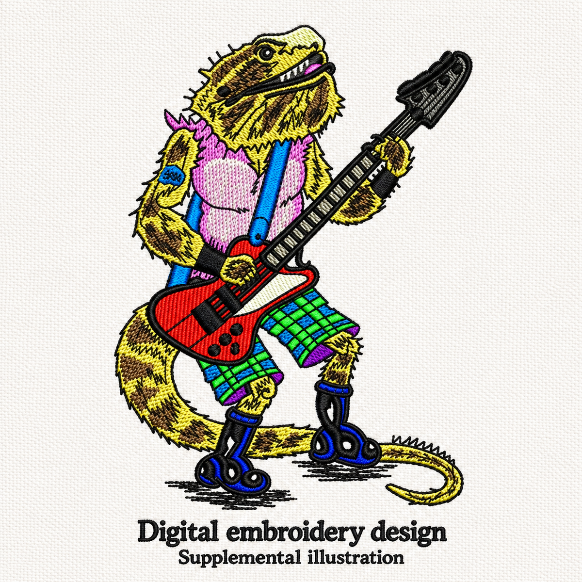 Illustrative preview of Guitar-Playing Lizard Embroidery Design.