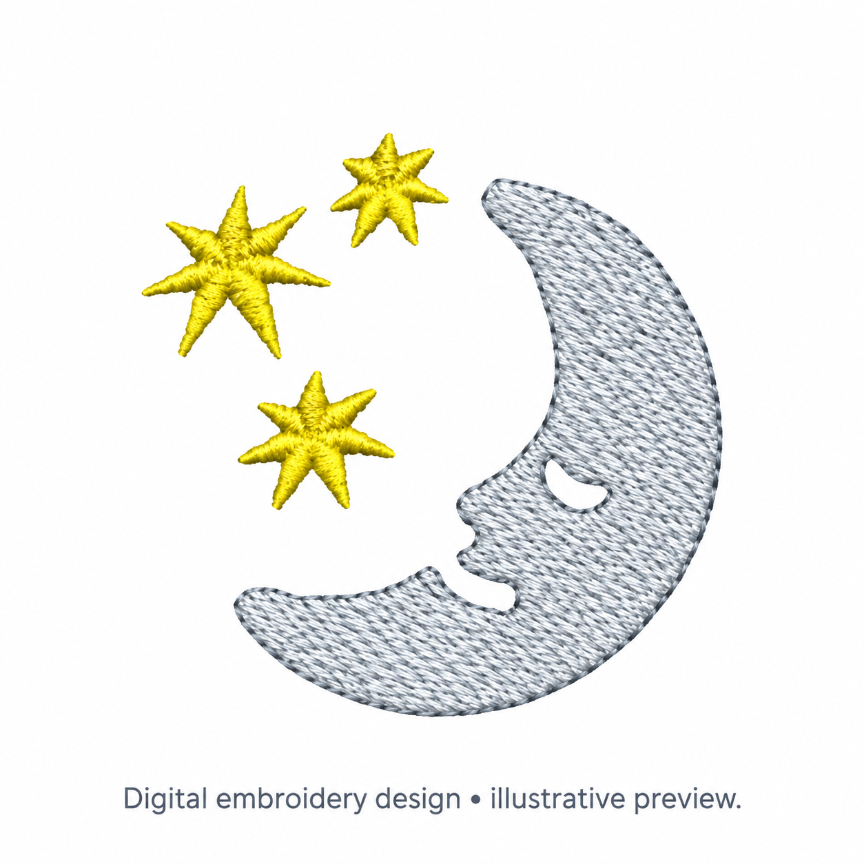 Digital embroidery mockup of Crescent Moon and Stars Embroidery Design; illustrative preview.