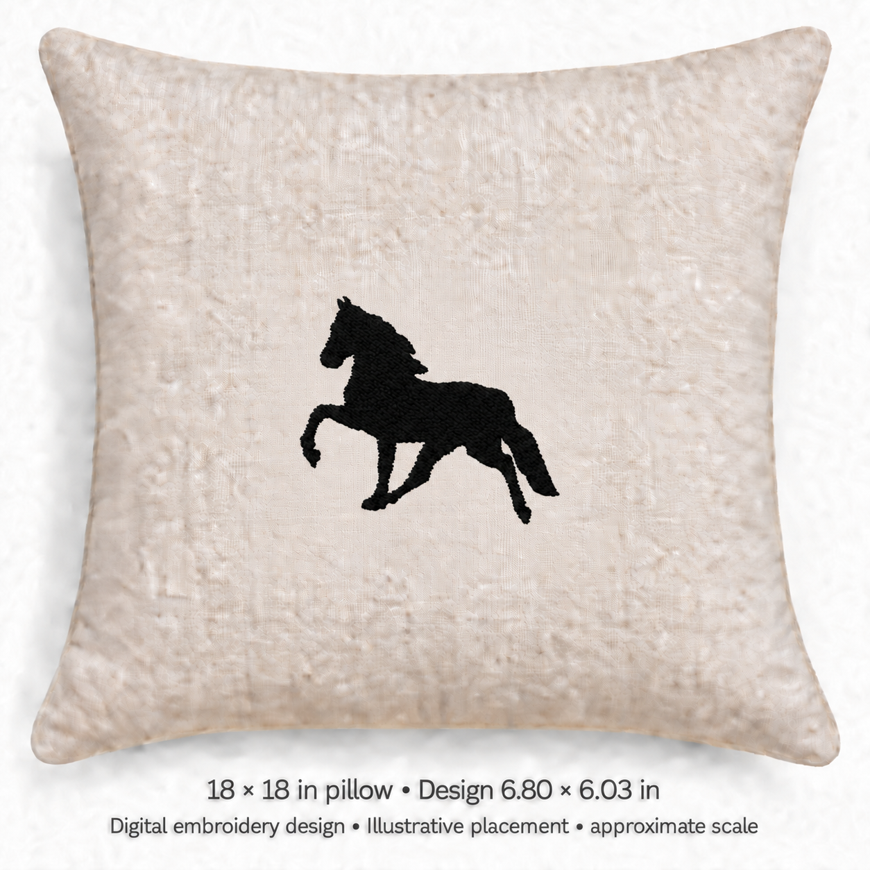 Illustrative placement of Prancing Horse Silhouette Embroidery Design, design 6.80 × 6.03 in on an 18 × 18 in pillow; approximate scale.