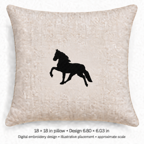 Illustrative placement of Prancing Horse Silhouette Embroidery Design, design 6.80 × 6.03 in on an 18 × 18 in pillow; approximate scale.