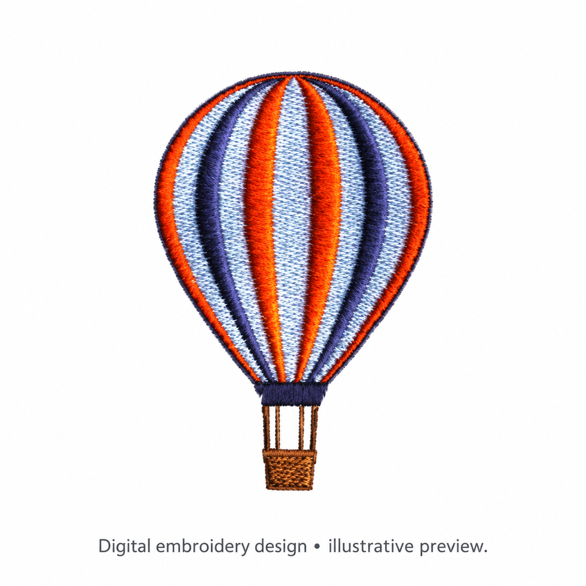 Digital embroidery mockup of Striped Hot Air Balloon Embroidery Design; illustrative preview.