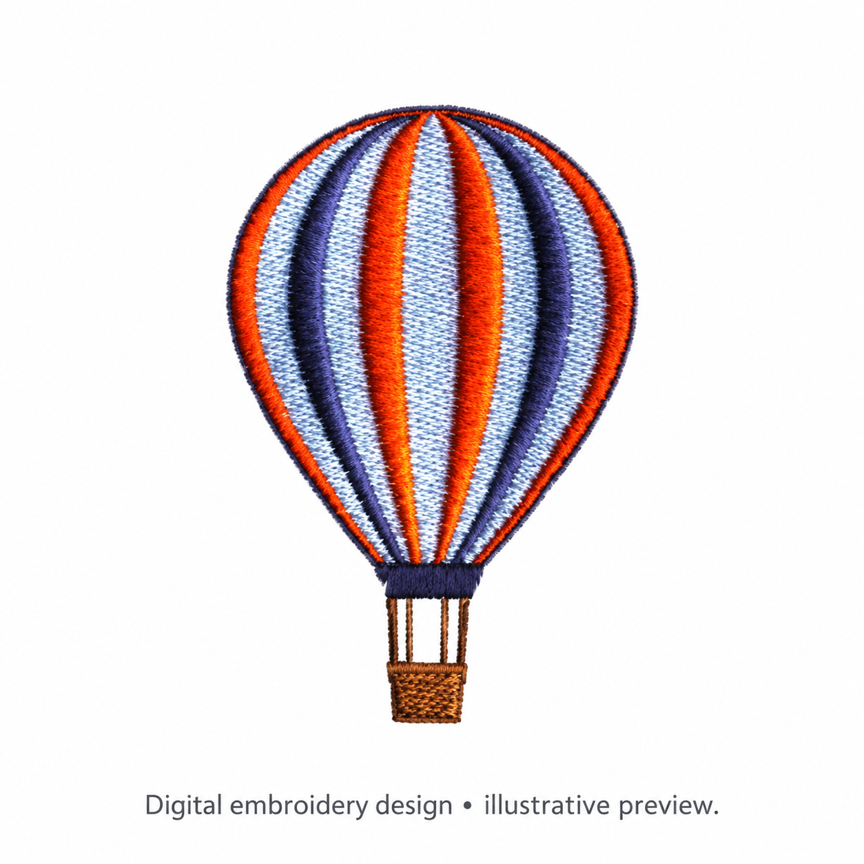 Digital embroidery mockup of Striped Hot Air Balloon Embroidery Design; illustrative preview.
