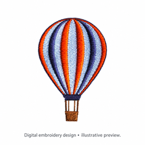 Digital embroidery mockup of Striped Hot Air Balloon Embroidery Design; illustrative preview.