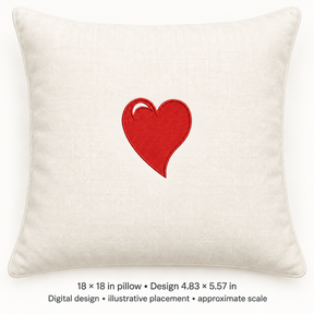 Illustrative placement of Red Curved Heart Embroidery Design, design 4.83 × 5.57 in on an 18 × 18 in pillow; approximate scale.