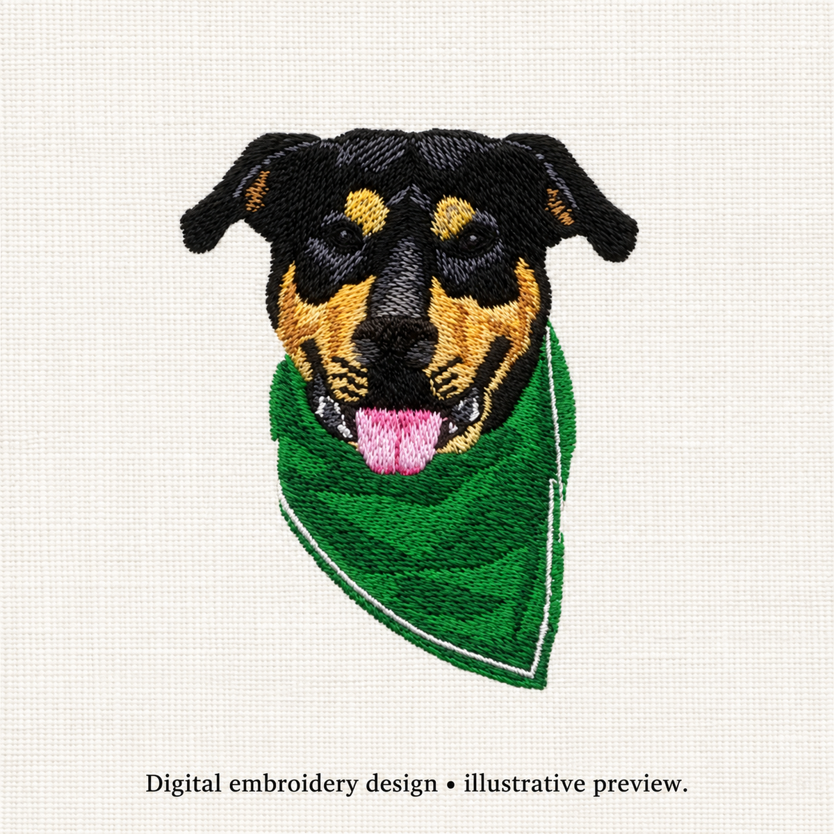 Illustrative preview of Dog Head with Green Bandana Embroidery Design.
