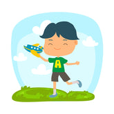 Triumphant Kid Playing with Airplane Toy Vector Art