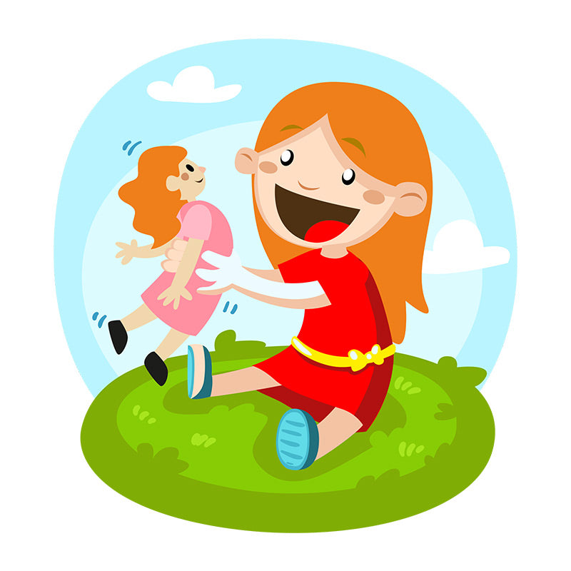 Gladsome Little Girl Playing with Doll Vector Art