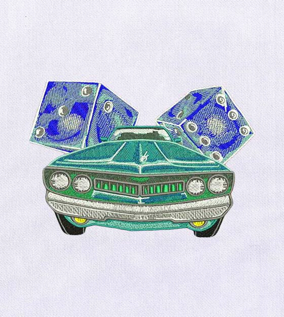 Flamboyant Dice and Car Embroidery Design
