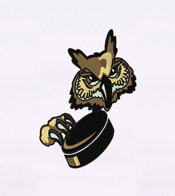 Hockey Puck Clutching Brown Owl Embroidery Design