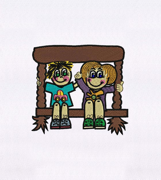 Charmingly Playing and Swinging Kids Embroidery Design