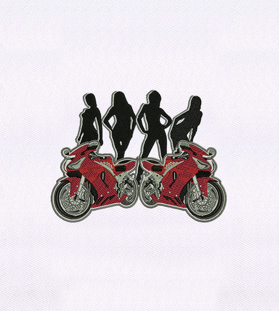 Shadow Women and Red Flaming Bikes Embroidery Design