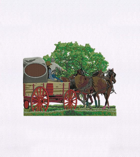 Horse Carriage and Cowboys Scenery Embroidery Design