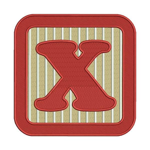 “X” Letter Embroidery Design – Alphabet Patch with Red Frame & Stripes