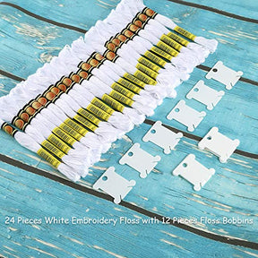 24 Skeins White Embroidery Threads Cotton Embroidery Floss With 12 Pcs Bobbins