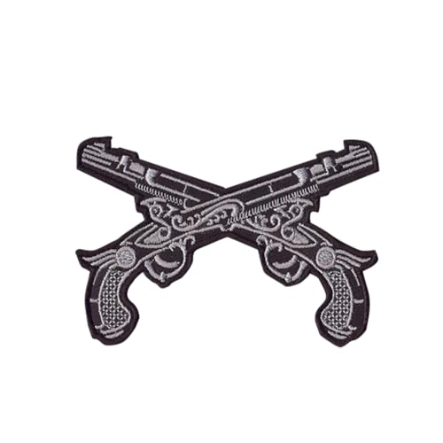 DigitEMB Crossed Pistols Embroidered Iron On Patch, Black and White